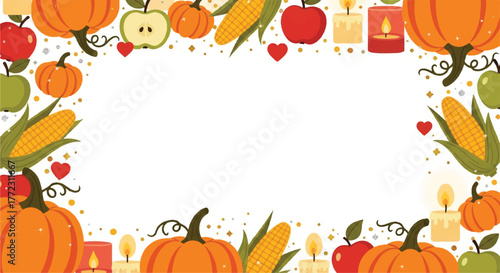 Colorful Thanksgiving Border Frame with Pumpkins Apples Corn Ears Hearts Candles and Swirling Vines on White Background Illustration.