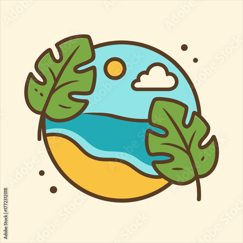 Stylized Tropical Beach Scene with Palm Leaves Sun and Cloud in a Circle.
