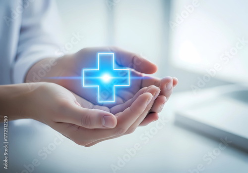 Hands Holding Medical Cross Symbol of Healthcare