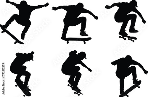 Collection of six detailed black skateboarder silhouettes in mid-air performing various extreme street sport tricks, action graphic, urban youth energy.