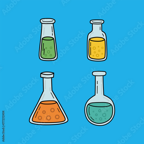 Colorful Science Beakers Filled with Liquid on Blue Background