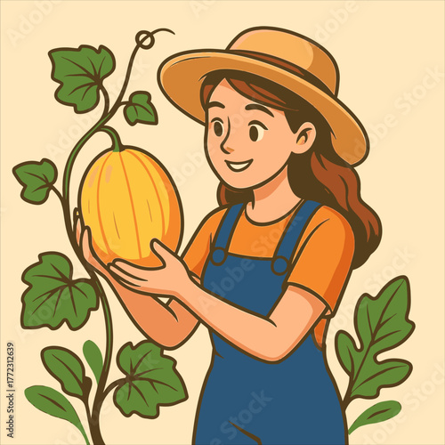Cartoon Farmer Girl Holding a Ripe Yellow Melon with Green Vines and Leaves.
