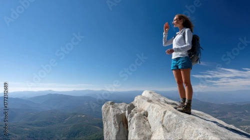 Female hiker standing on mountain peak, gesturing while absorbing expansive panoramic landscape with rolling hills, valleys stretching beneath luminous blue sky and distant horizon