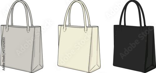 Modern tote handbag design in gray, cream, and black colors for fashion and accessory branding, cad drawing flat vector illustration