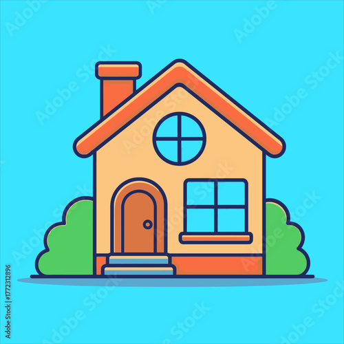 Cartoon house with round window chimney door bushes and steps.