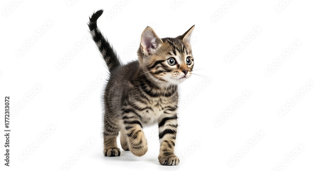 Obraz premium Adorable Tabby kitten walking forward with tail raised and striking blue eyes, isolated on a bright white background