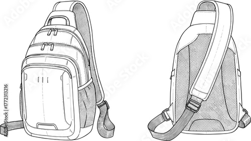 Modern backpack design with adjustable strap and multiple compartments for travel and outdoor use, cad drawing flat vector illustration