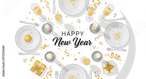 Festive New Year's table setting with champagne, gifts, and decorations.