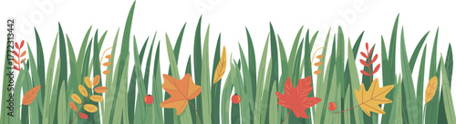 Autumn grass with colorful fall leaves, wheat stalks and red berries, seasonal foliage nature design, modern vector artwork, creative botanical illustration