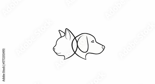 Minimalist line art showing a cat and dog heads intertwined in a continuous flowing single line design