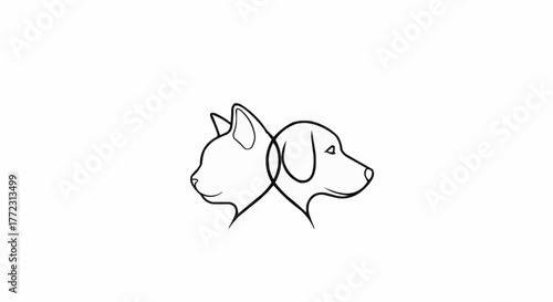 Illustration of a dog and cat head to head in a simple line drawing in black on a white background design