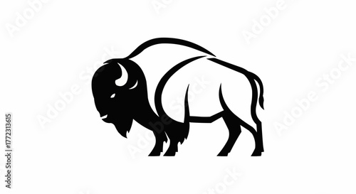 Illustration of a bison standing in black and white with a distinctive hump and curved horns design