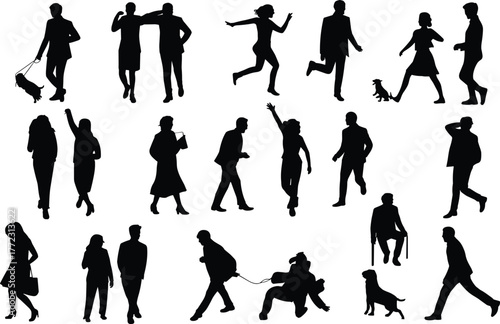 Silhouette people with dogs, twenty human figures four pets, walking running standing lifestyle concept, modern vector artwork, creative illustration collection