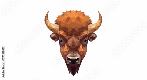 Geometric bison head illustration with triangle facets in shades of brown and tan on white background
