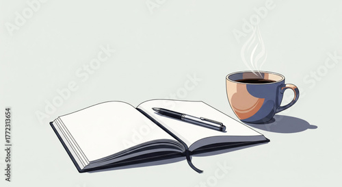 Creative concept for writing or journaling with an open notebook, pen, and a steaming cup of hot coffee on a calm background