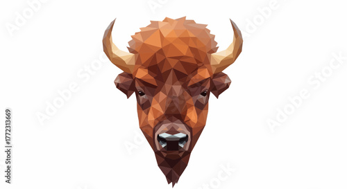 Polygonal illustration of a bison head with brown fur and curved horns on a white background