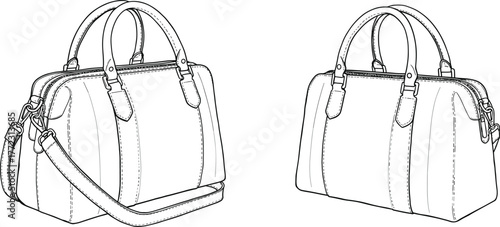 Fashion handbag technical sketch with handle and shoulder strap, detailed purse design template for women, cad drawing flat vector illustration