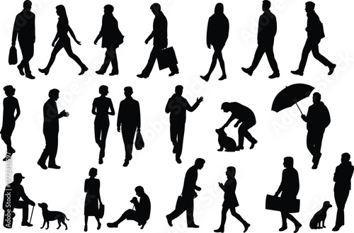 Silhouette people with dogs, twenty four human pet figures, walking standing sitting lifestyle concept, modern vector artwork, creative illustration collection