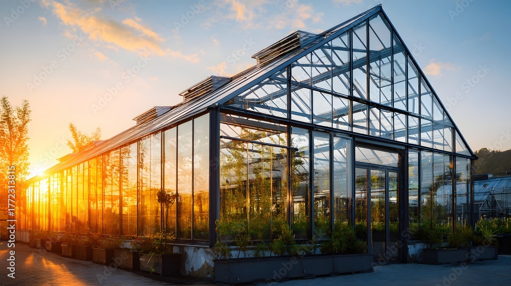 Obraz premium Modern glass structure basks in the brilliant golden light of a setting sun