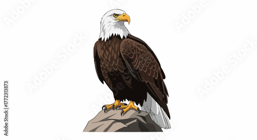 Illustration of a bald eagle perched on a rock with detailed feathers and sharp talons in profile view
