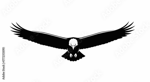 Illustration of a bald eagle in flight with its wings fully extended in a monochrome design style