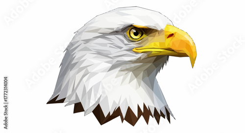 Illustration of a bald eagle head with white feathers and yellow beak in a polygonal style design
