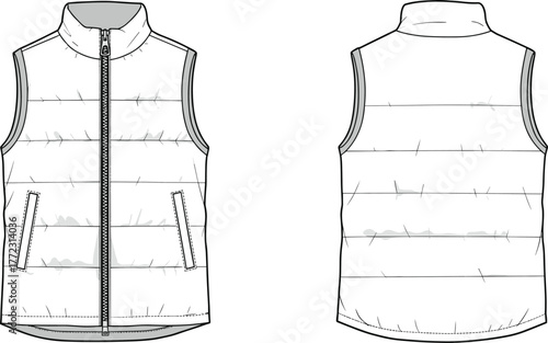 Puffer vest front and back technical fashion sketch, modern sleeveless quilted jacket design template, cad drawing flat vector illustration
