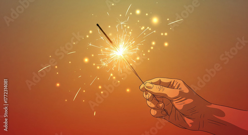 Sparkler Held in Hand Emitting Bright Light and Sparks Against a Warm Gradient Background, Celebration Concept