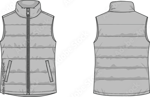 Puffer sleeveless jacket front and back view technical sketch, quilted winter vest fashion design, cad drawing flat vector illustration