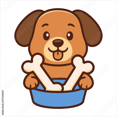 Playful Cartoon Dog with Bones in a Blue Bowl Smiling Happily.