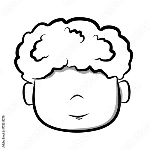 A minimalist line drawing illustration depicting a young boy's face with distinctive curly hair with minimal shading, presented in a simple yet charming style.