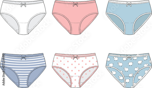 Women cotton panties flat sketch set, cute seamless underwear design collection with bow and pattern, cad drawing flat vector illustration