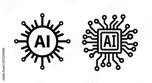 Artificial intelligence concepts illustrated with virus and chip icons in black line