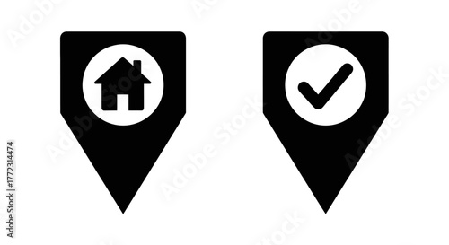 Two black location pin icons one with a house and one with a checkmark