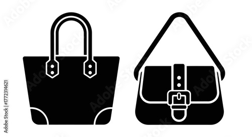 Black and white illustration showing two different styles of handbags