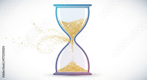 Abstract visual of an hourglass with glittering golden sand quickly dispersing, symbolizing the swift passage of time, urgency, and important deadlines approaching