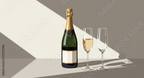 Elegant Champagne Bottle and Glasses Festive Celebration with Light and Shadow
