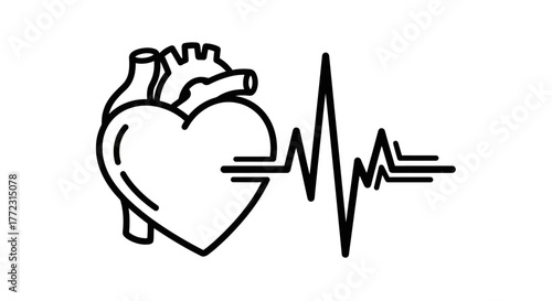 Simple line drawing depicting a heart with an electrocardiogram heartbeat signal