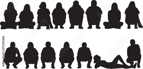 Silhouette collection of people in various squatting and reclining poses on white background Keywords: silhouette, collection, people, squatting, reclining, white on transparent background
