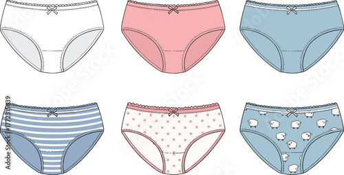 Women underwear briefs fashion flat sketch set, cute panties design with bow and patterns, cad drawing flat vector illustration