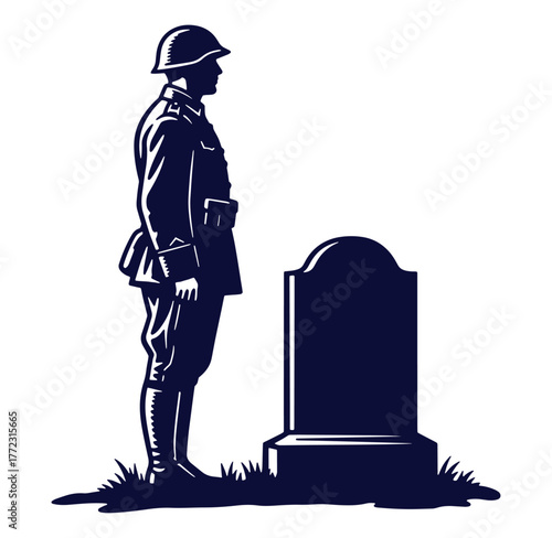 Memorial silhouette of a soldier standing before a tombstone remembering fallen comrades