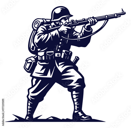 Silhouette of a soldier aiming a rifle depicting war military service and strength