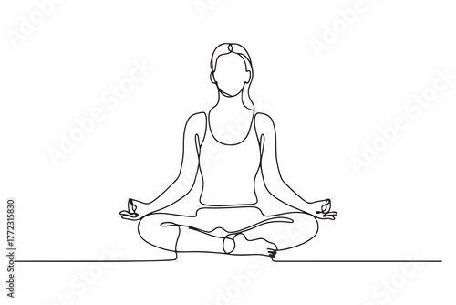 Woman sitting in lotus pose yoga. Continuous one line drawing. one line Icon drawing with white background