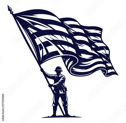 Silhouette of a soldier holding a waving american flag depicting patriotism and duty