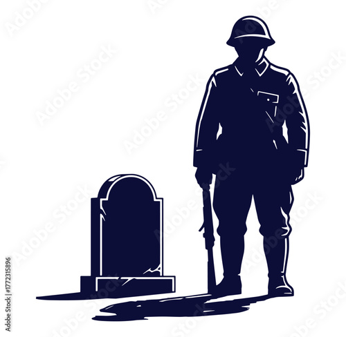 Silhouette of a soldier mourning at a tombstone in remembrance of fallen heroes