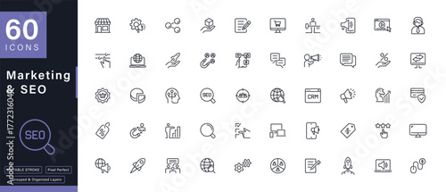Marketing and SEO Line Icons Set Sixty Editable Stroke Pixel Perfect Vector Symbols