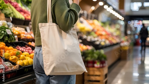 Person holding a reusable canvas tote bag while shopping for fresh produce in a brightly lit grocery store produce section