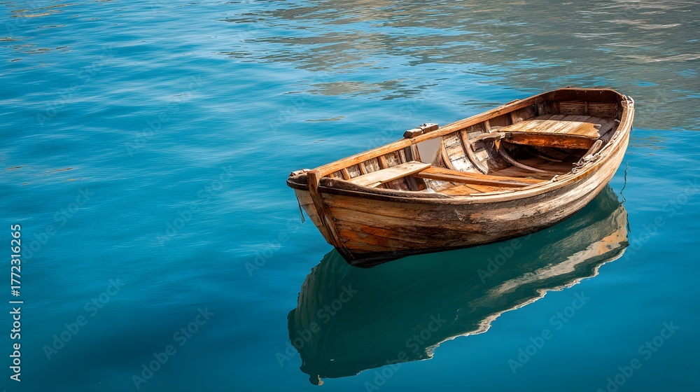 Obraz premium Wooden rowboat floats serenely upon intensely blue, rippling water