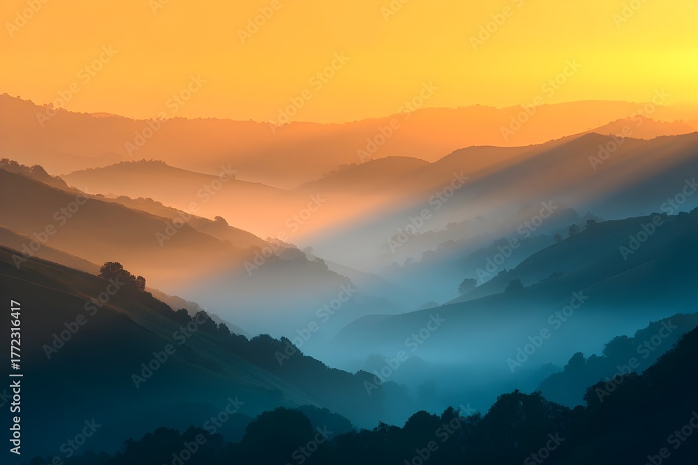 Obraz premium Sun Rising Over Misty Valley Layers Hills Dawn Landscape Atmospheric Morning Nature Photography