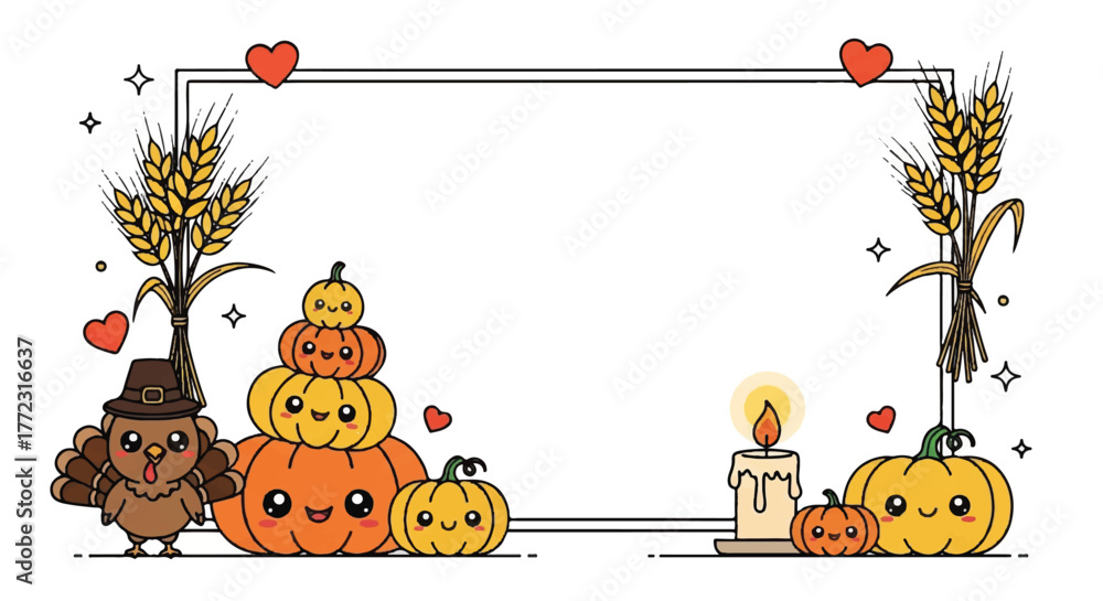 Fototapeta premium Cute Kawaii Thanksgiving Border Frame with Stacked Smiling Pumpkins Pilgrim Hat Turkey Wheat Stalks Hearts and Candle on White Background Illustration.